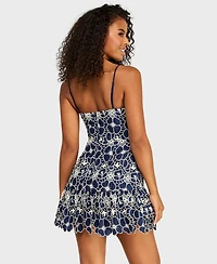 Alexa & Sophia Juniors' Scoop Neck Embroidered Voile Dress with Skirt Ruffle and Lace Trim Detail