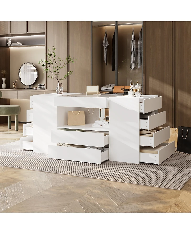 Homsee Modern 63 Inch 14-Drawer Island Cabinet - 4mm Tempered Glass | Laminate Finish