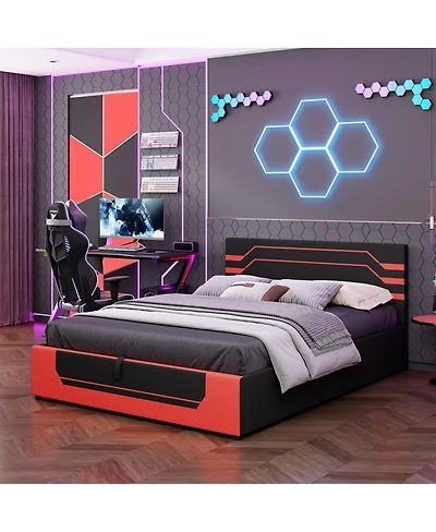 Streamdale Queen Size Hydraulic Storage Gaming Bed Frame, Cyberpunk Design, Black+Red