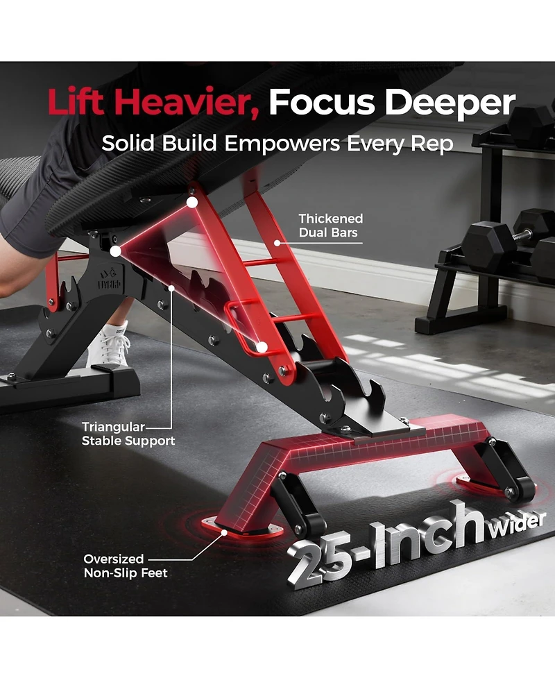 Fed Fitness 1300LBS Commercial Grade Weight Bench, Adjustable Flat Incline Workout Bench with 34'' Extra-Long Backrest and Easy-Roll Wheels
