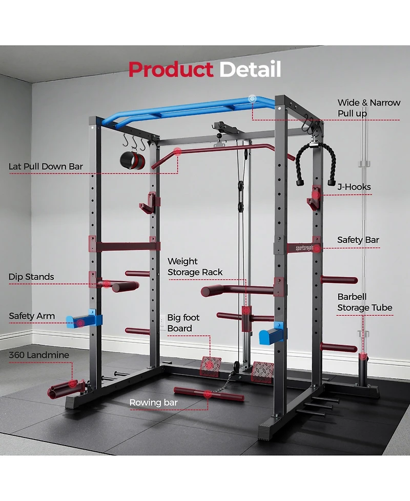 Fed Fitness 1200LBS Power Rack with Pulley System and Lat Pulldown, Multi-Functional Squat Cage J-Hooks for Home Gym