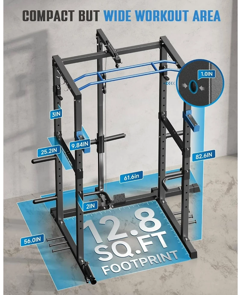 Fed Fitness 1200LBS Power Rack with Pulley System and Lat Pulldown, Multi-Functional Squat Cage J-Hooks for Home Gym