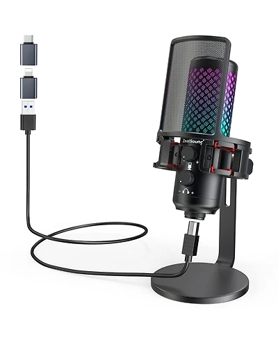ZealSound Usb Microphone for Phone and Pc, Rgb Gaming Microphone with Full Metal, Mute, Pop Filter, Gain for Podcasting, Streaming, YouTube