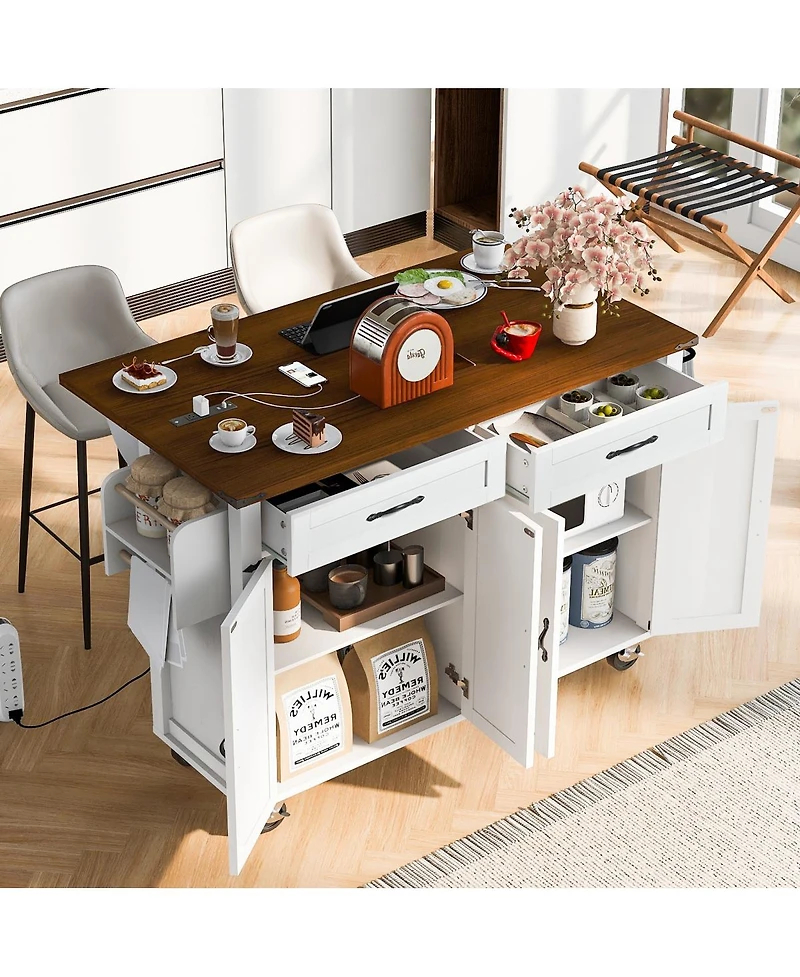Streamdale Furniture Farmhouse Kitchen Island with Drop Leaf, Power Outlet, and Storage