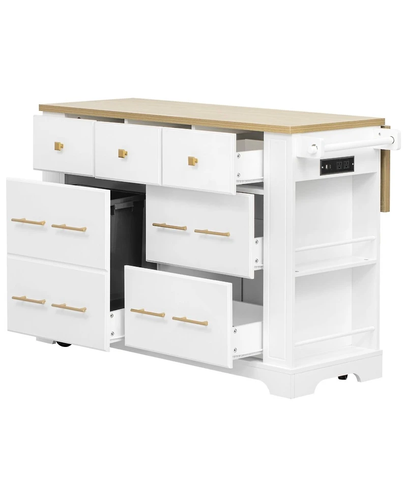 Streamdale Furniture Rolling Kitchen Island with Drop Leaf, 6 Drawers, Trash Storage and Power Outlet