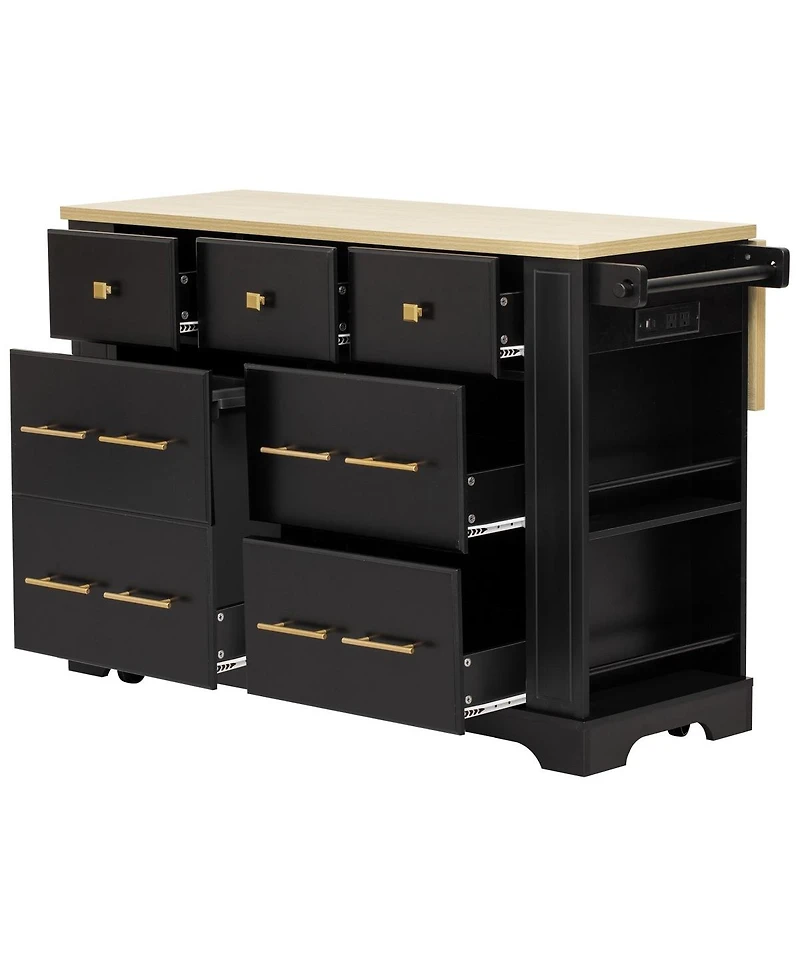 Streamdale Furniture Kitchen Island with Drop Leaf, 6 Drawers, Trash Storage and Power Outlet