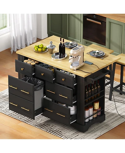 Streamdale Furniture Kitchen Island with Drop Leaf, 6 Drawers, Trash Storage and Power Outlet