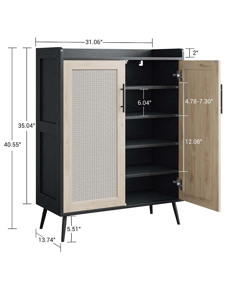 homfan Modern Rattan Dresser Shoe Cabinet - 5-Tier Adjustable Shelves and Doors - Freestanding Storage Organizer for Entryway, Bedroom, Living Room