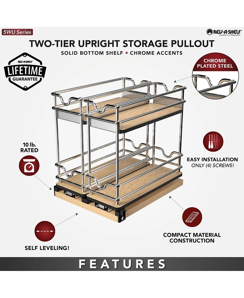 Rev-a-Shelf 9" Pullout Organizer for Cabinets, 2 Tier Upright Shelf, 5WU2-9W2-1