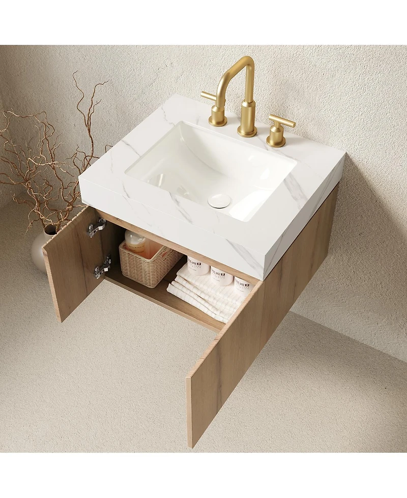 Sillysis 24 Inch Wall Mounted Bathroom Vanity with Carrara Sintered Stone Top, Ceramic Sink, Soft Close Cabinet, Pre-assembled