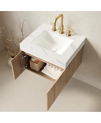 Sillysis 24 Inch Wall Mounted Bathroom Vanity with Carrara Sintered Stone Top, Ceramic Sink, Soft Close Cabinet, Pre-assembled