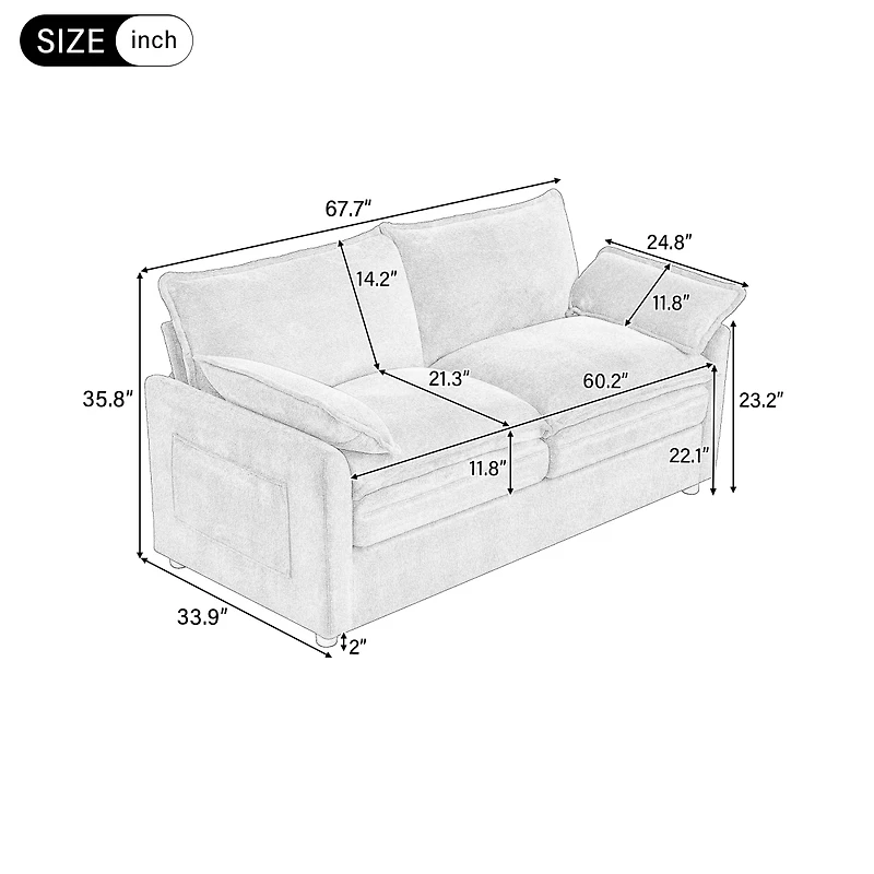 Streamdale Furniture Modern Plush Upholstered Sofa with Double-Layer Cushions and Side Pockets