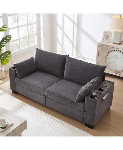 Streamdale Furniture 78" Modern Corduroy 3-Seater Sofa with Usb, Cup Holders, and Side Pocket