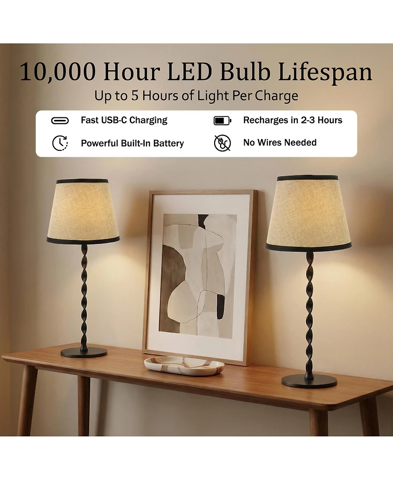 Bell + Howell Twist Stem Twisted Linen Shade Rechargeable Touch Control Led Dimmable Cordless Table Lamp