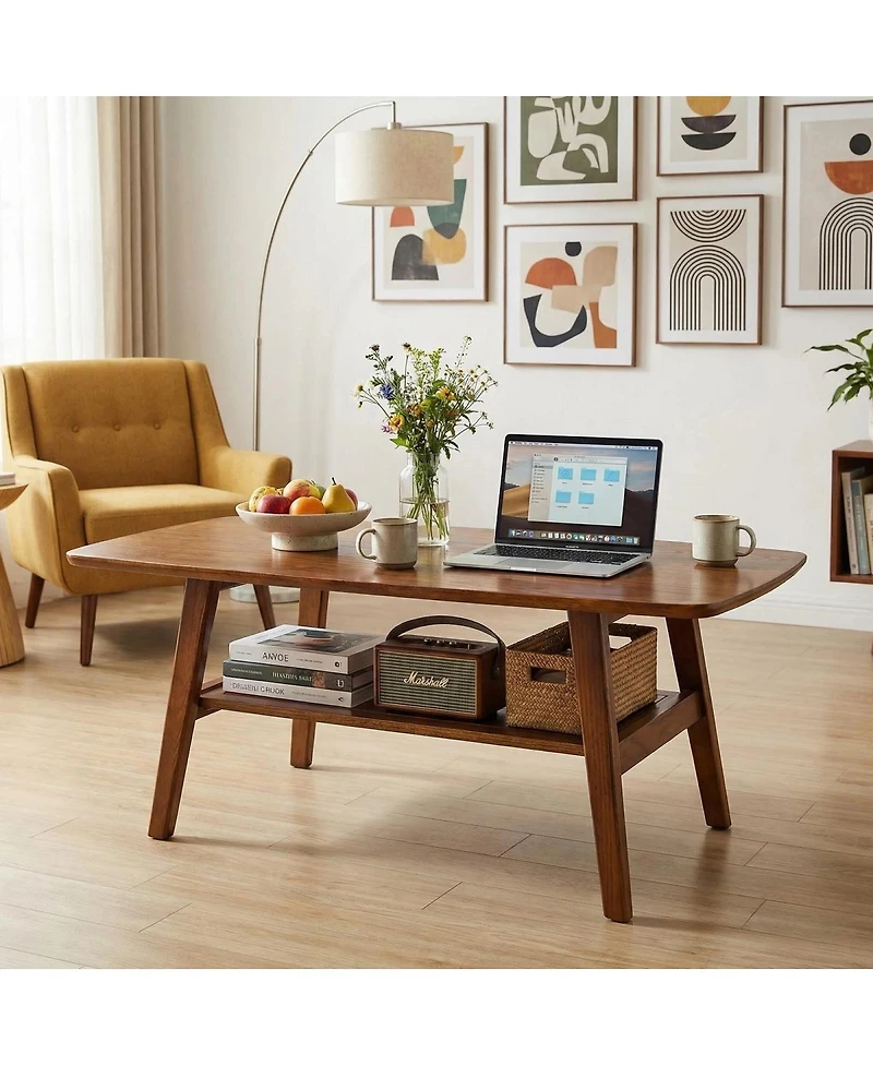 Streamdale Furniture Mid-Century Modern Solid Oak 2-Tier Coffee Table with Storage Shelf