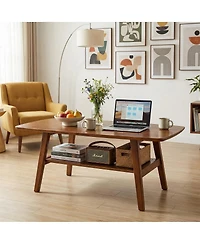 Streamdale Furniture Mid-Century Modern Solid Oak 2-Tier Coffee Table with Storage Shelf