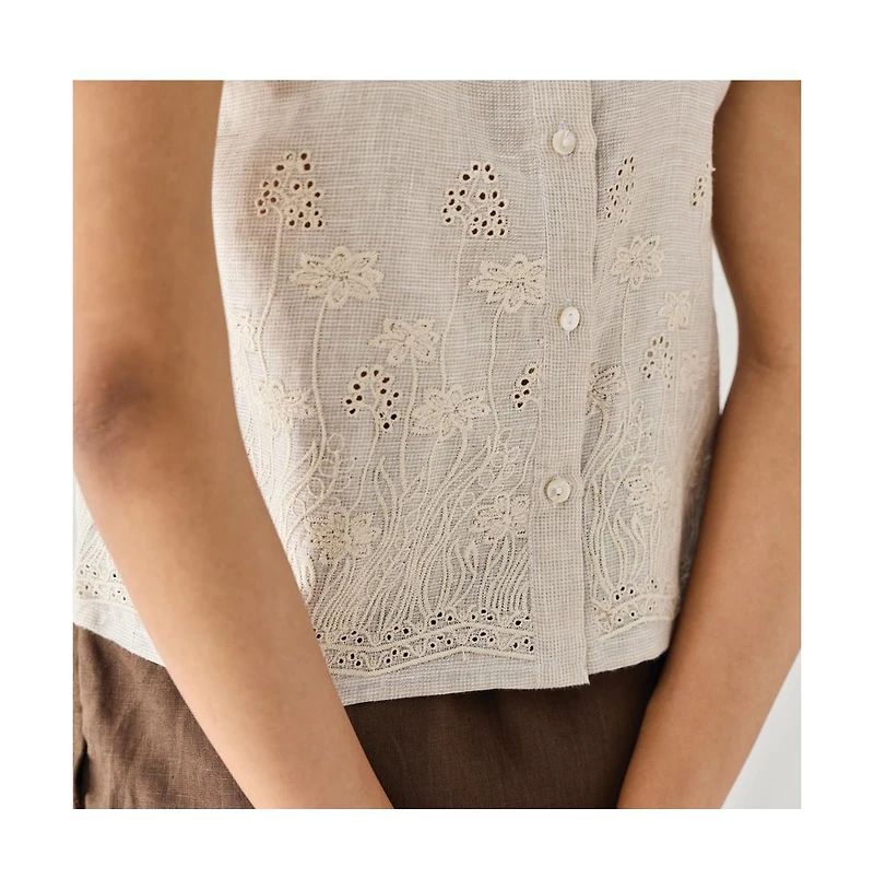 Reistor Women's Checkered Linen Embroidered Button-Back Top