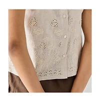 Reistor Women's Checkered Linen Embroidered Button-Back Top