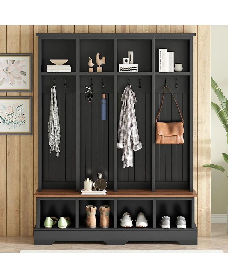 Streamdale Furniture Farmhouse 3-in-1 Hall Tree with Bench, 8 Hooks, and Shoe Storage