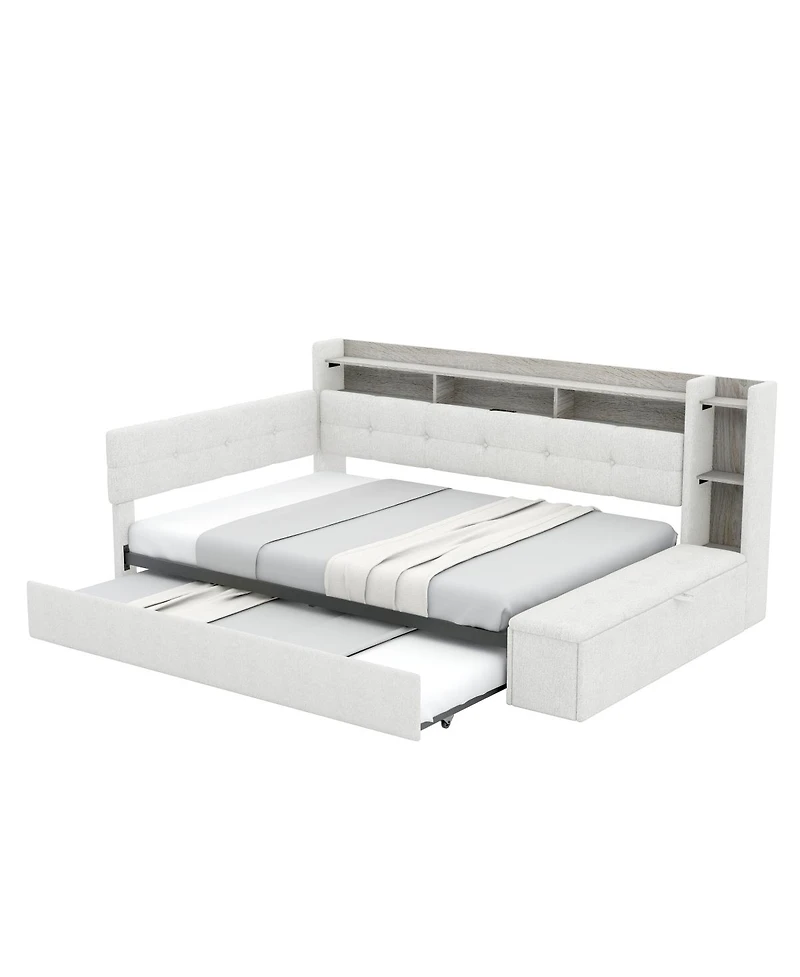 Streamdale Furniture Upholstered Daybed with Trundle, Storage, Usb, and Led Lights
