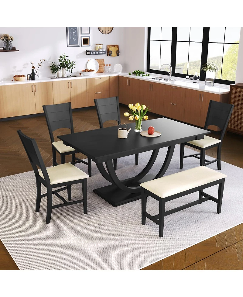 Streamdale Furniture 6 Piece Wood Half Round Dining Table Set with Bench and 4 Chairs