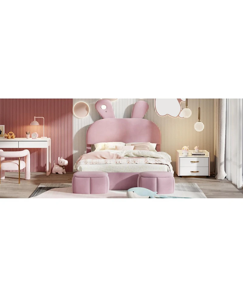 Streamdale Furniture Upholstered Platform Bed with Cartoon Ear Headboard and Light