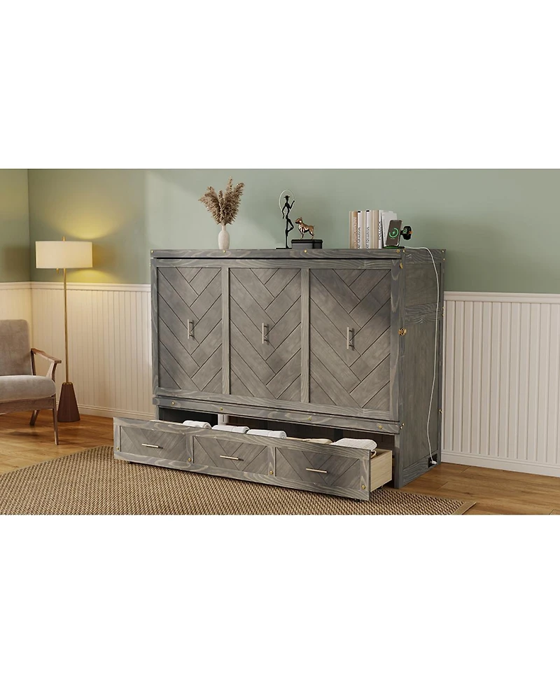 Streamdale Furniture Pine Wood Murphy Cabinet Bed with Usb Charging Station