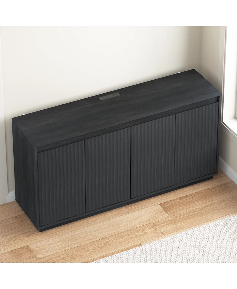 Streamdale Furniture 4-Door Wood Sideboard Buffet Cabinet with Power Outlet and Wavy Texture