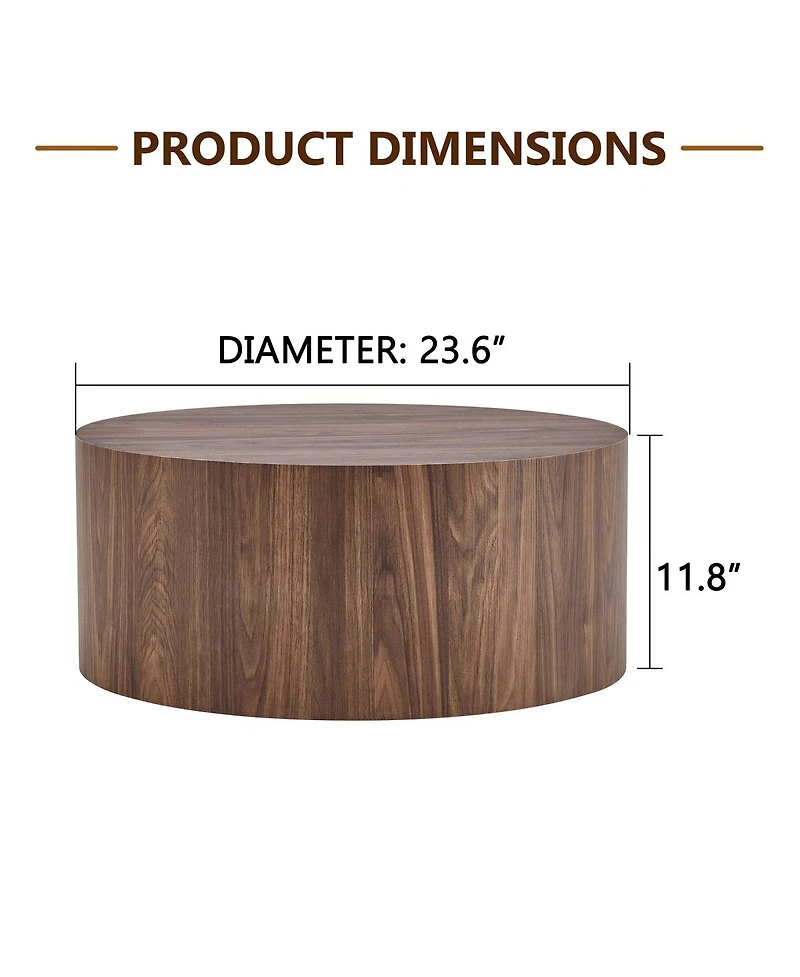 Streamdale Furniture Simple Deep Walnut Cylindrical Coffee Table, 23.6" x 11.8