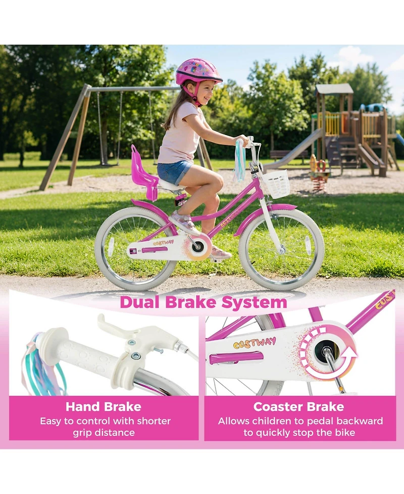 Costway Girls Bike, 20" Kids Bicycle with Basket, Doll Seat, Colorful Streamers, Reflectors