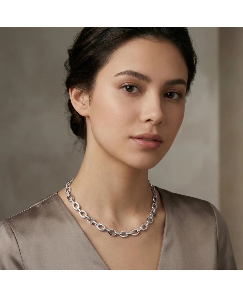 Genevive Brilliant Gold Plated Micro Cz Pave Oval Link Necklace