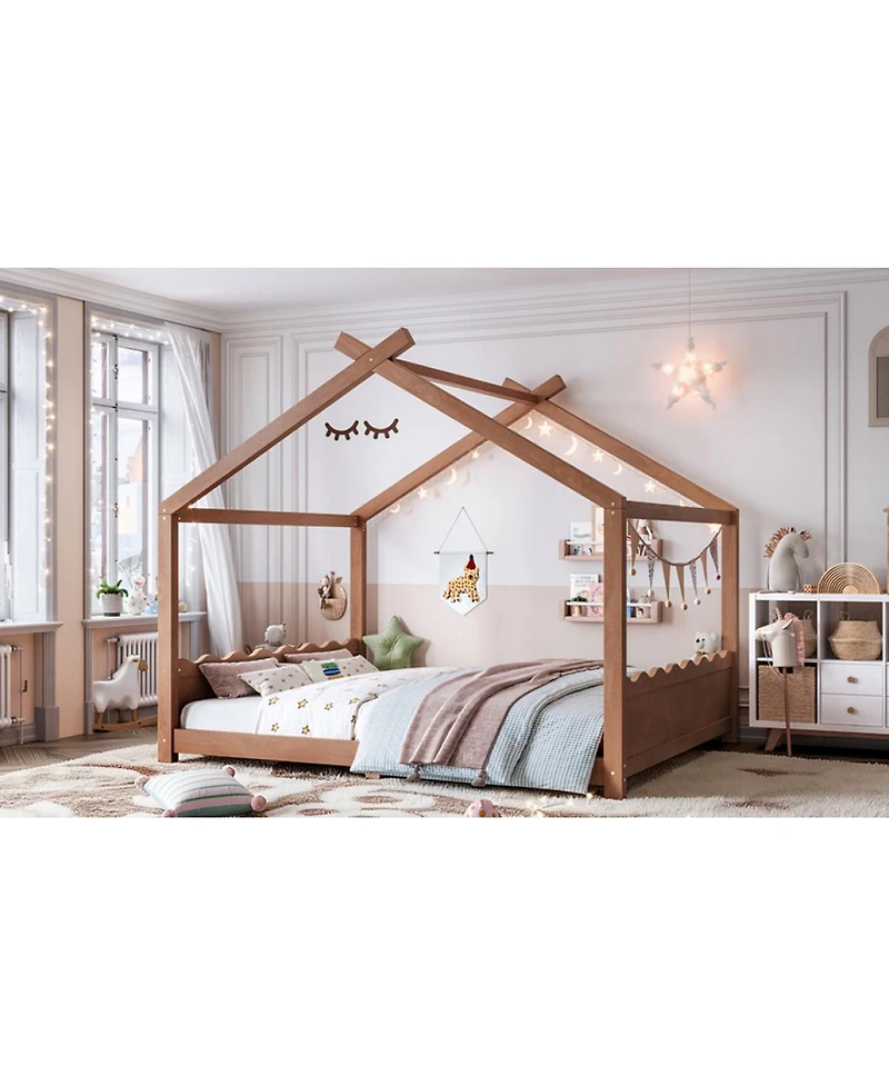 Streamdale Furniture House Floor Bed with Support Slats, Solid Wood Frame