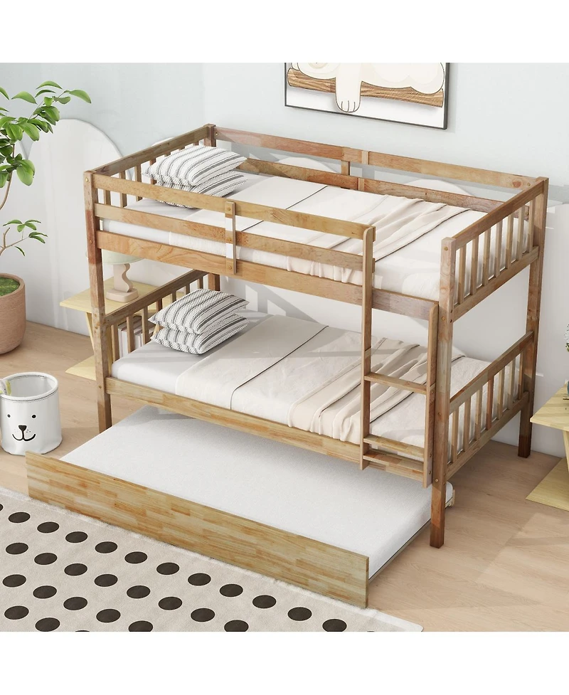Streamdale Furniture Rubber Wood Bunk Bed with Trundle, Convertible to 2 Beds