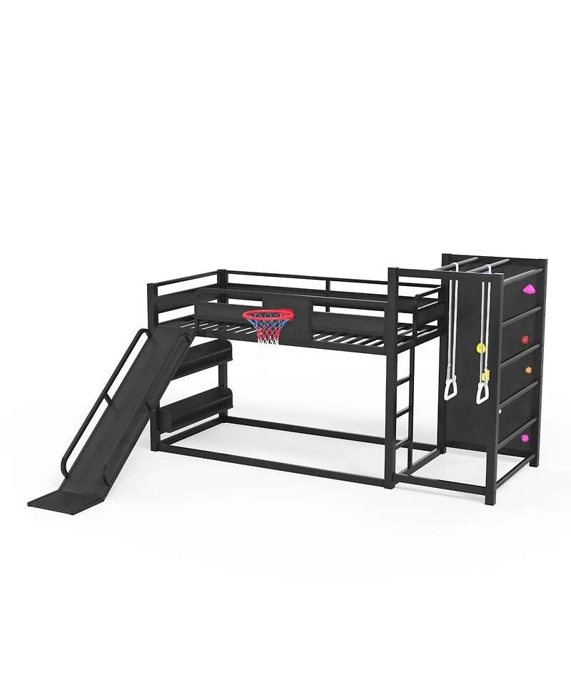 Streamdale Furniture Metal Loft Bed with Slide, Climbing Wall, and Sports Features
