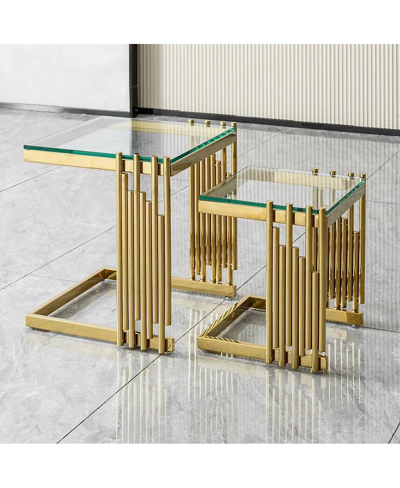 Streamdale Furniture 2-Piece Gold Tempered Glass Coffee Table Set with Stainless Steel Frame