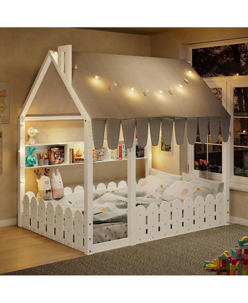 Streamdale Furniture Montessori House Bed with Fence, Lights and Storage