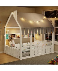 Streamdale Furniture Montessori House Bed with Fence, Lights and Storage