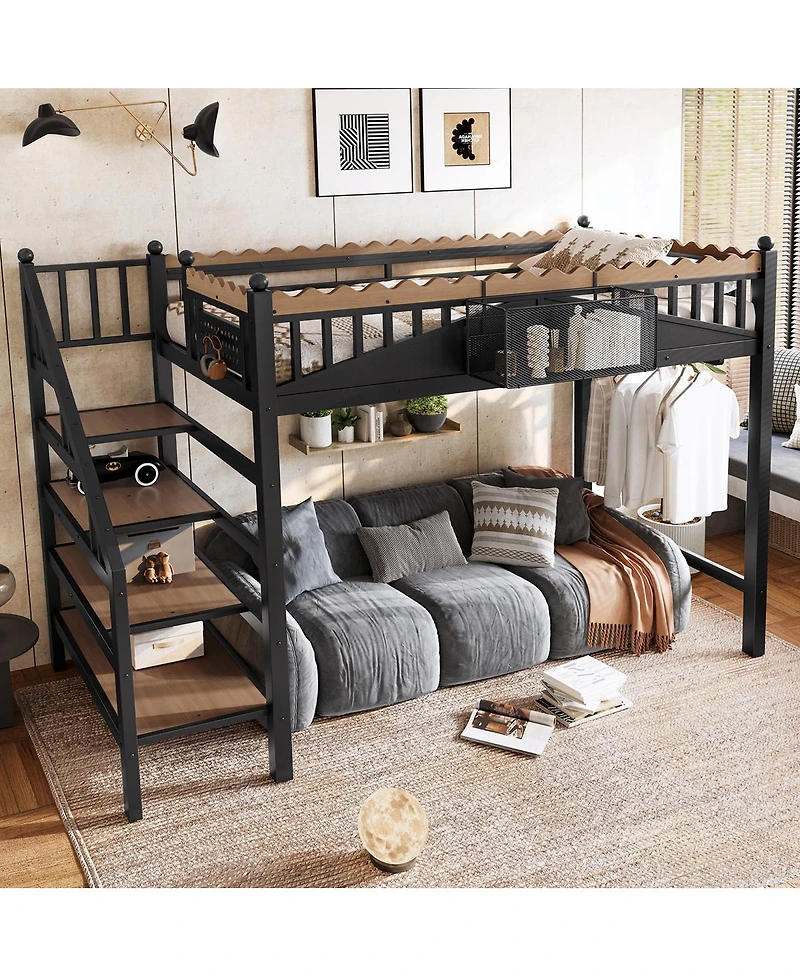 Streamdale Furniture Metal Loft Bed with Storage Stairs and Bookshelf
