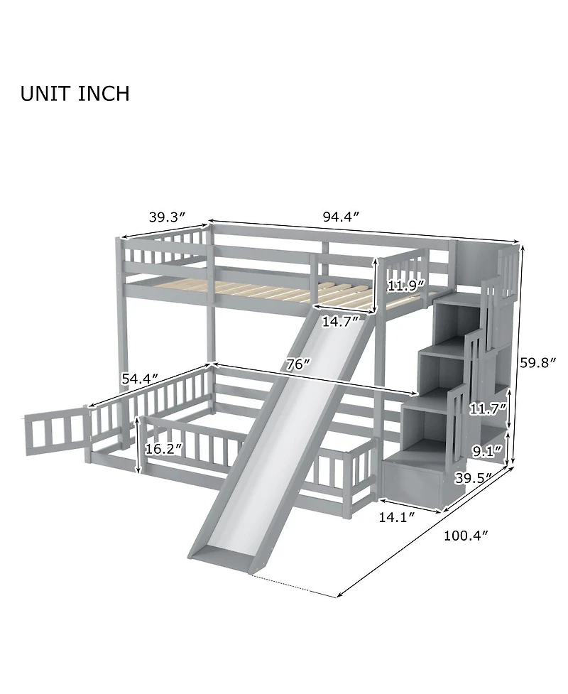 Streamdale Furniture Full Bunk Bed with Slide, Storage Staircase, and Guardrails,