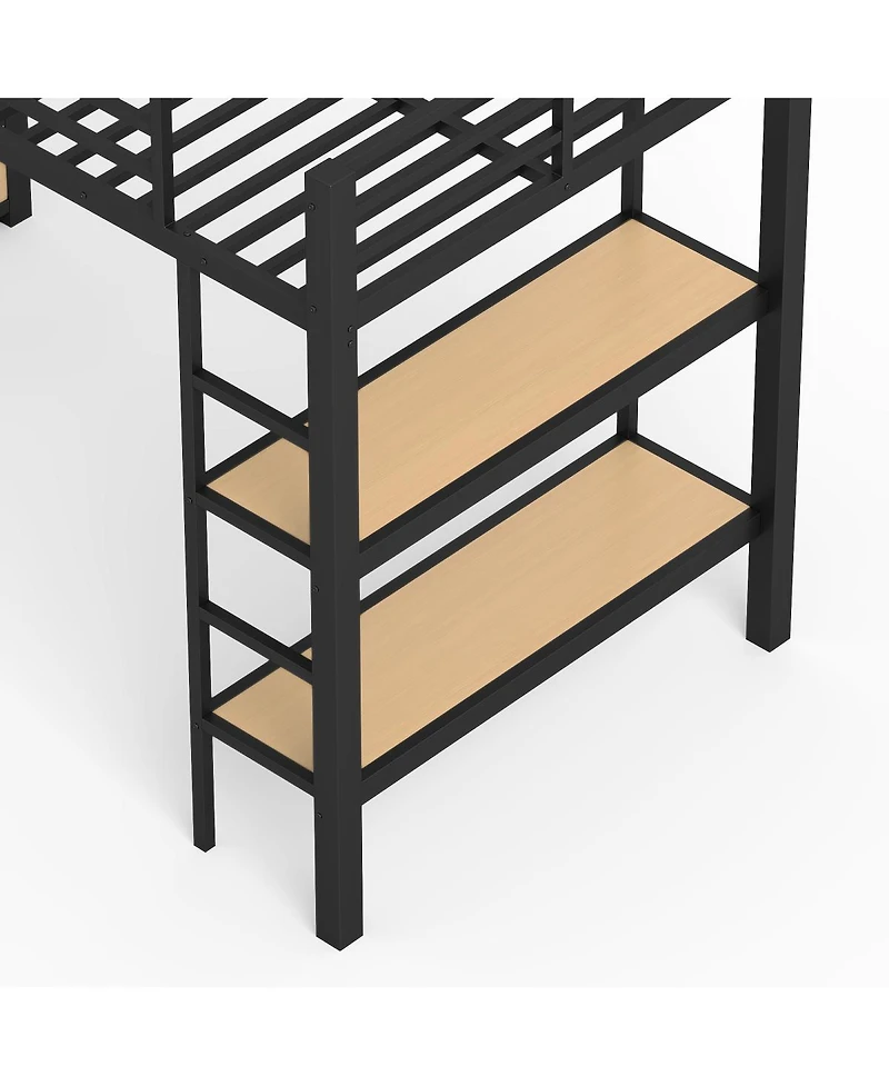 Streamdale Furniture Metal Loft Bed with Wardrobe, Storage Shelves, and Pegboard