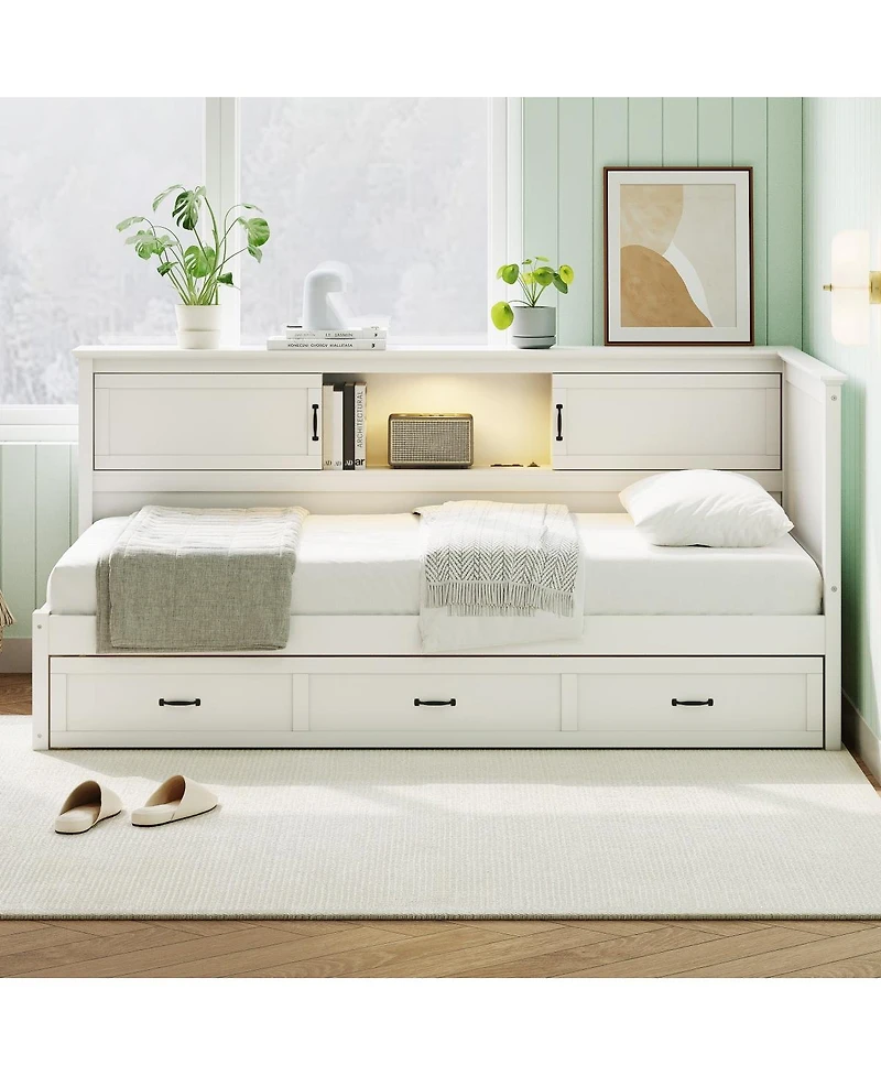 Streamdale Furniture L-Shaped Twin Bed Frame with Storage, Bookcase, Led and Usb