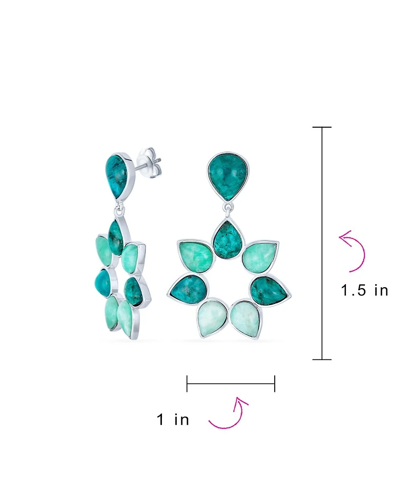 Bling Jewelry Modern Teal Apatite Green Brazil Amazonite Medallion Floral Petals Flower Statement Drop Earrings