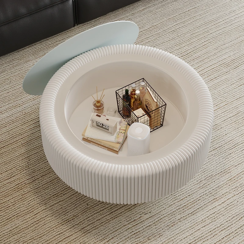Streamdale Furniture 31.5" Fluted Round Leather and Glass Coffee Table with Hidden Storage