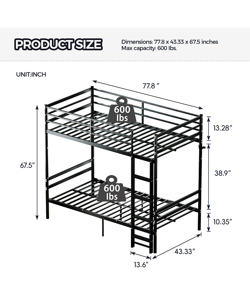 Streamdale Furniture Heavy-Duty Metal Bunk Bed with Guardrail and Ladder