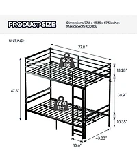 Streamdale Furniture Heavy-Duty Metal Bunk Bed with Guardrail and Ladder