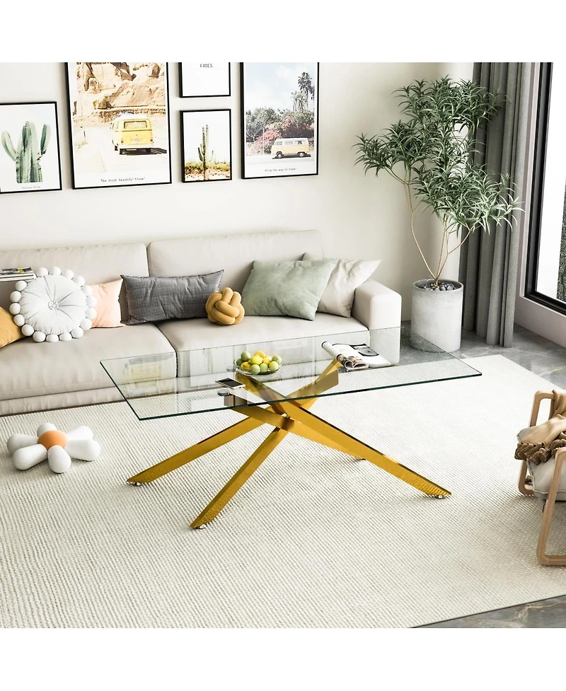 Streamdale Furniture 47.2" Rectangular Clear Tempered Glass Coffee Table with Golden Metal Legs