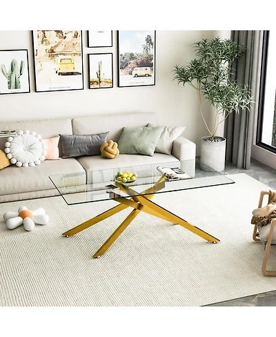 Streamdale Furniture 47.2" Rectangular Clear Tempered Glass Coffee Table with Golden Metal Legs