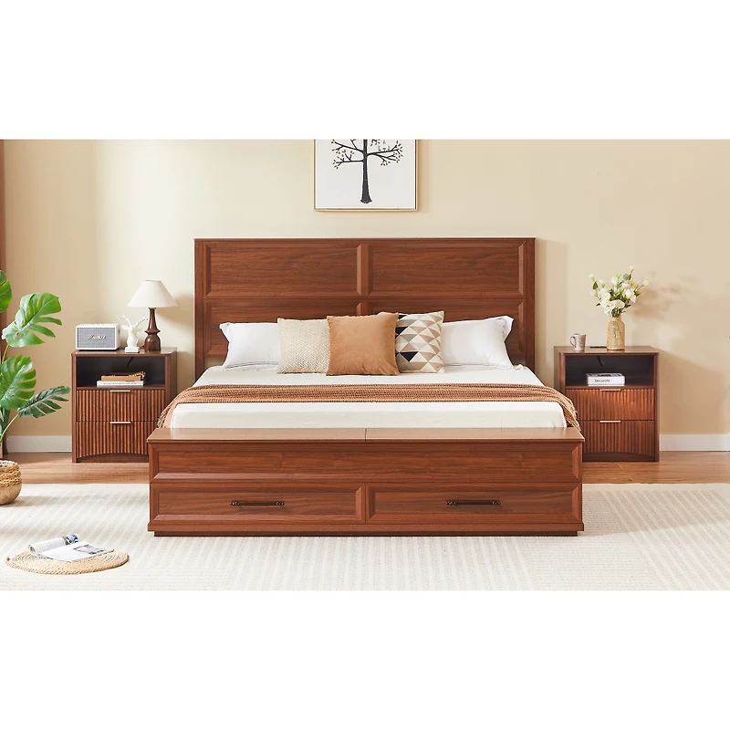 Streamdale Furniture Bed with 3D Geometric Headboard, 4-Drawer Storage and Bench