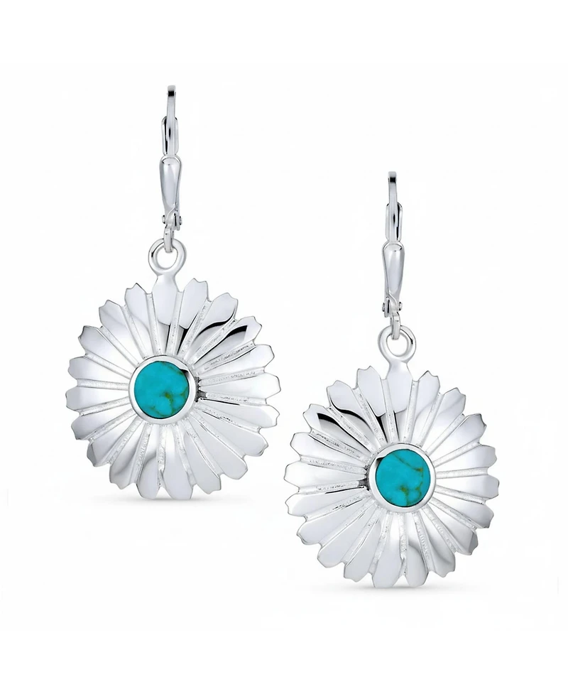 Bling Jewelry Western Style Natural Turquoise Dangle Flower Medallion Earrings .925 Sterling Silver Leverback