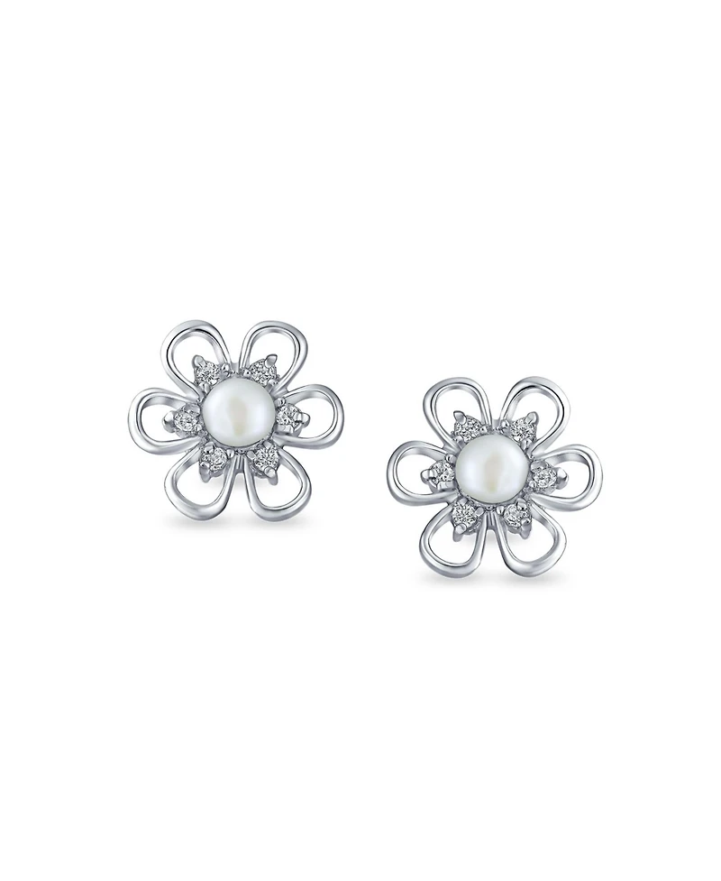 Bling Jewelry Freshwater Cultured Pearl Daisy Flower Stud Earrings .925 Sterling Silver